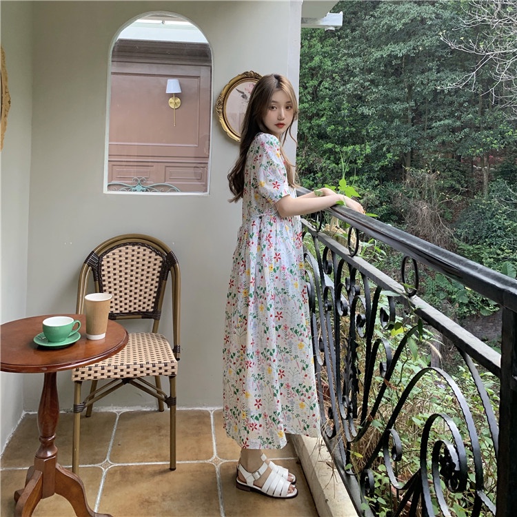 Váy hoa nhí tay phồng, đầm maxi hoa nhí basic  Hàn Quốc - V27