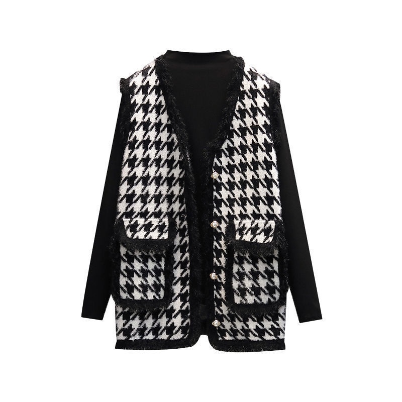 Áo sweater dệt kim RENJIANVSHENG Xiaoxiang sát nách họa tiết houndstooth nhẹ nhàng phong cách Hàn Quốc cho nữ