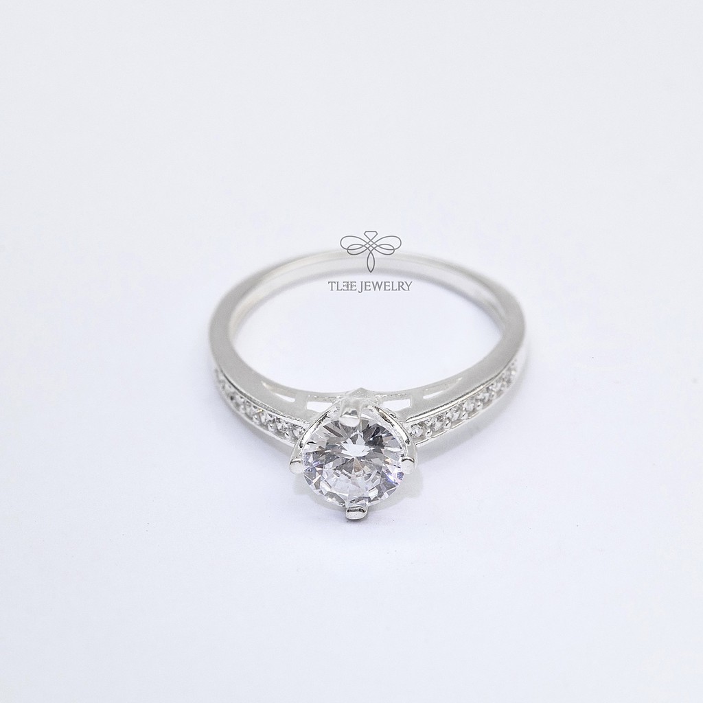Nhẫn bạc nữ TLEE trụ đá bốn chấu viền nạm đá sang tay TleeJewelry A0159