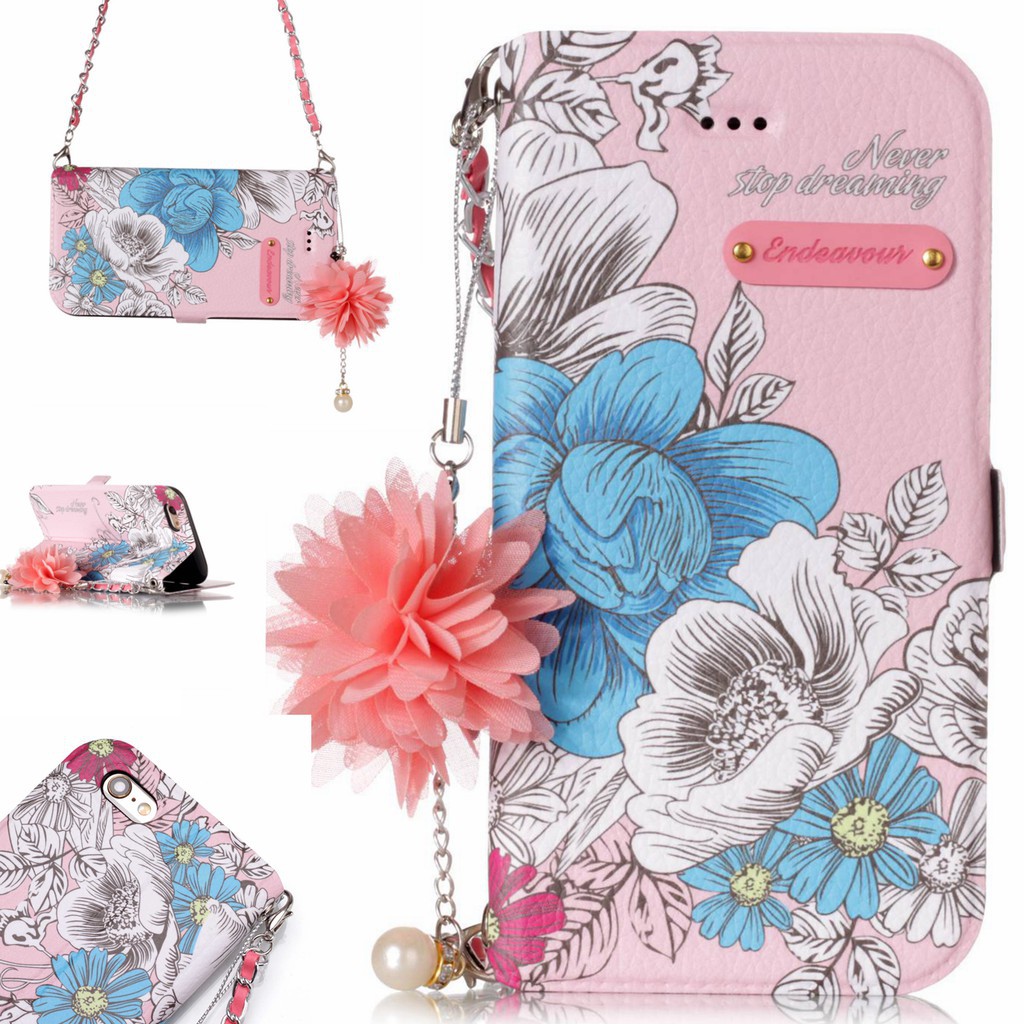 Bao da điện thoại in hoa thiết kế dạng túi xách kèm dây đeo dễ thương cho iPhone 6/6Plus