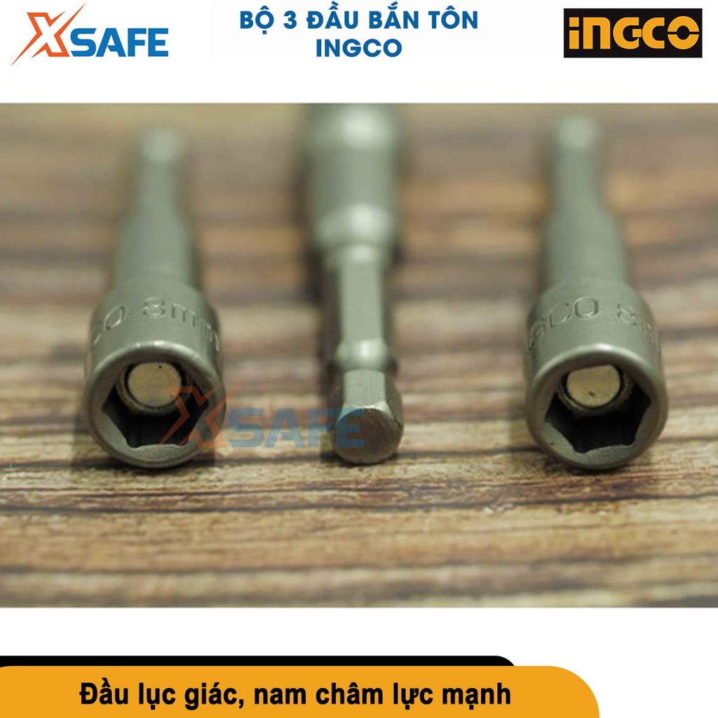 Bộ 3 đầu bắn tôn từ tính đuôi lục giác 1/4&quot; Ingco 8x45mm, 10x65mm thép cr-v, mũi bắn vít tôn nam châm - chính hãng