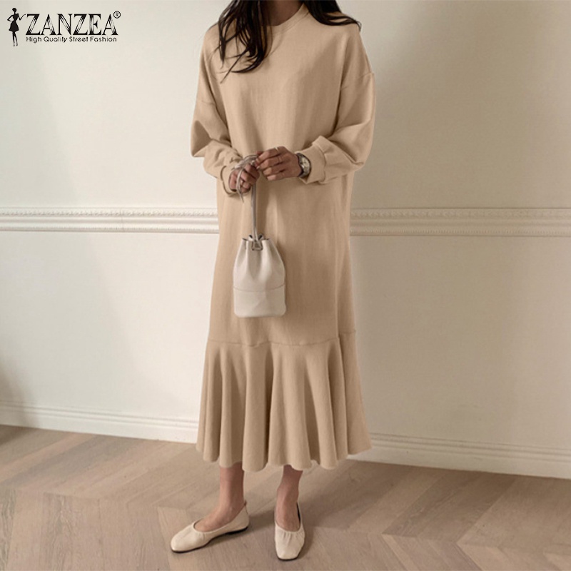 Đầm ZANZEA cổ tròn tay dài phối bèo kiểu dáng rộng rãi cho nữ