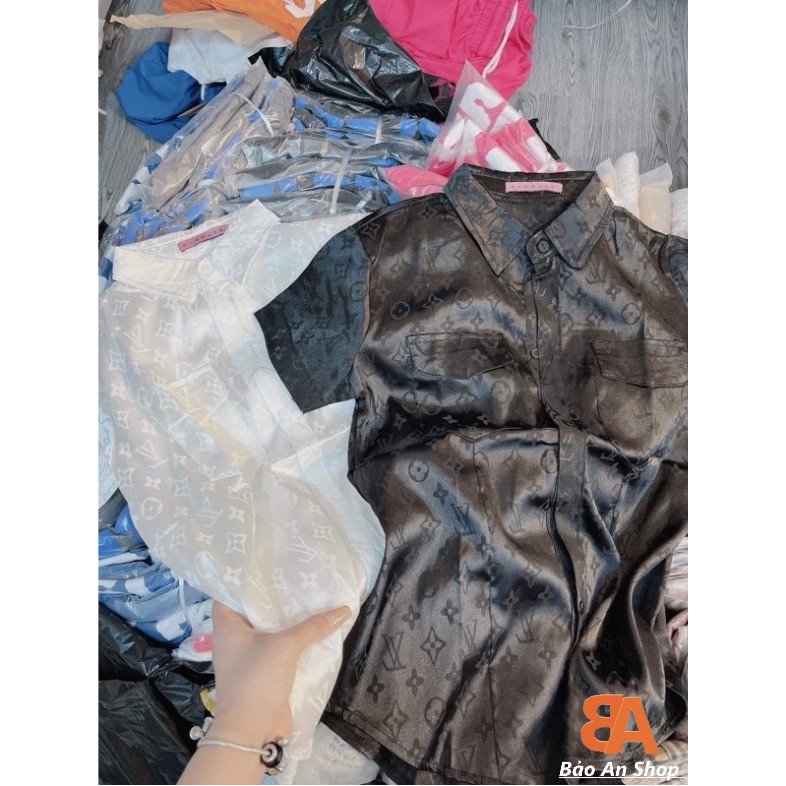 Áo sơ mi nữ kiểu phối chữ chất vải phi bóng lụa gấm FreeSize dưới 51kg