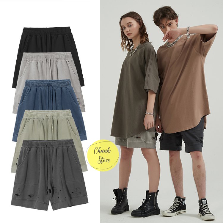 Quần Short Nam Streetwear Vải Nỉ Rách Gối  - Quần Đùi Nam Nữ Streetwear Vải Nỉ Co Giãn Tốt Thấm Hút Mồ Hôi