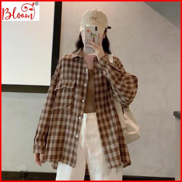 Áo sơ mi Áo sơ mi nữ form rộng kẻ caro ô nhỏ YUKIBLOOM thời trang hot teen Hàn Quốc ASM01 Tặng quà ngẫu nhiên ྇