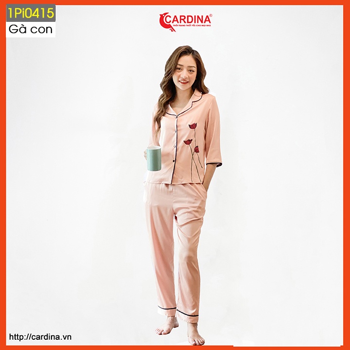Đồ bộ pijama nữ CARDINA chất lụa satin Nhật cao cấp quần dài áo tay lỡ hoạ tiết hoa tuylip nhẹ nhàng 1Pi04.