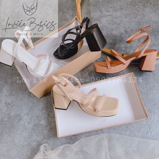 LOVIIE BASICS - GIÀY SANDAL CAO GÓT NỮ THỜI TRANG HAI QUAI  DÂY GÀI ĐẾ VUÔNG ĐÚP TRƯỚC 7CM 4MÀU ĐEN KEM TRẮNG BÒ G200904