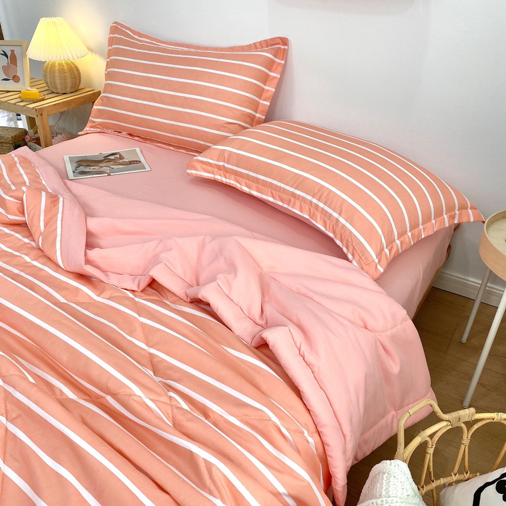 Bộ Chăn Chần Ga Giường Vỏ Gối 4 Món Cotton Đũi Cao Cấp Hoạ Tiết Caro Hiện Đại Đủ Size Poohbedding