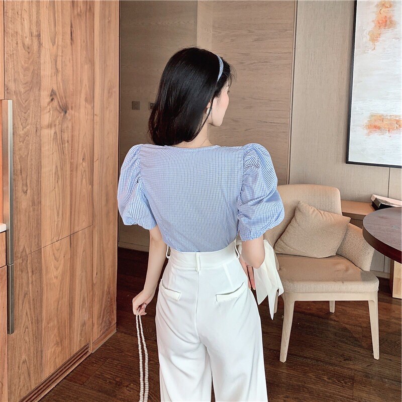Áo sơ mi caro nhún ngực,tay bồng