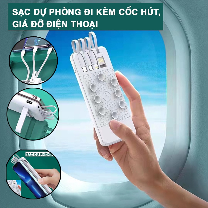 Sạc Dự Phòng 10000 mAh hỗ trợ cốc hút,giá đỡ sạc ở phía sau tiện lợi, an toàn khi sử dụng trên máy bay bảo hành 12 tháng