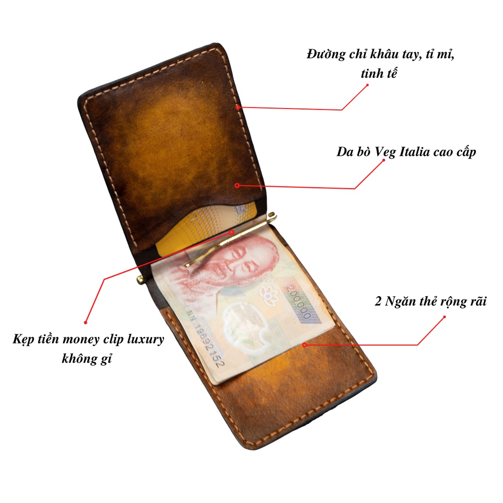Ví Da Nam Gập Ngang WEMODA chất liệu da Veg Italia, kẹp tiền money clip luxury không gỉ bảo hành 24 tháng