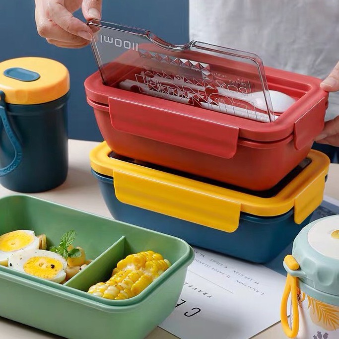 Hộp cơm văn phòng giữ nhiệt 2 ngăn Lunch Box 1100ml tặng kèm đũa thìa lúa mạch