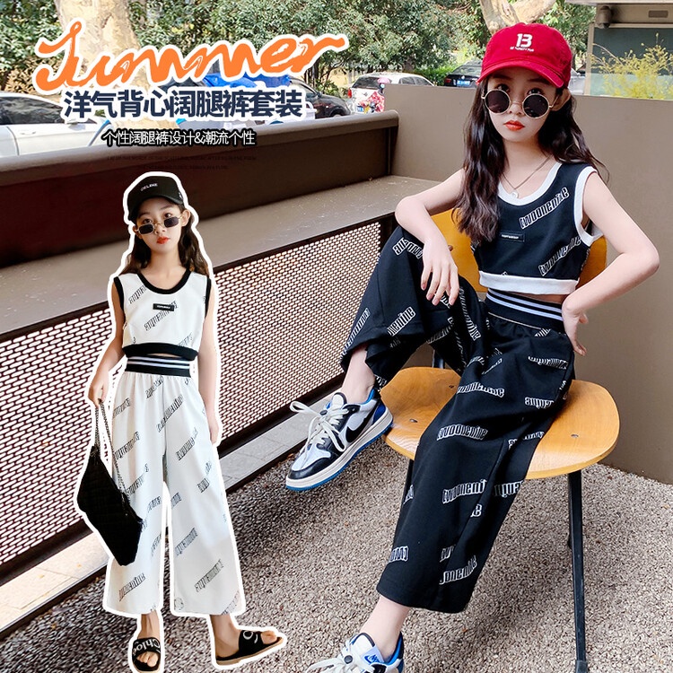 Set Áo Sát Nách + Quần Dài Ống Rộng Phong Cách Phương Tây Thời Trang Mùa Hè Mới Cho Bé Gái 170 Tuổi