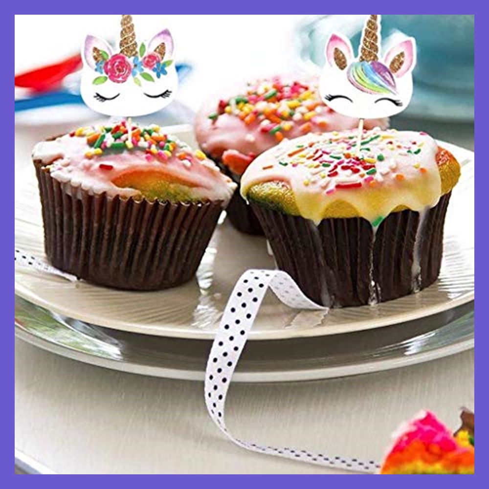 Set 48 que cắm in hình kỳ lân và cầu vồng dùng trang trí bánh cupcake