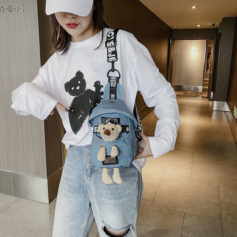 Túi Đeo Chéo Ngực Vải Denim Họa Tiết Gấu Hoạt Hình Dễ Thương Dành Cho Nữ