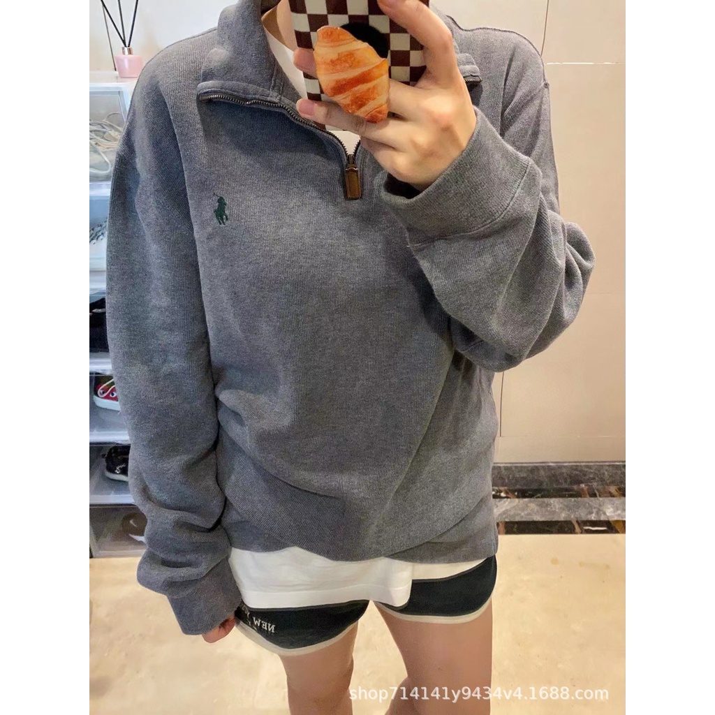 Áo sweater Ralph Lauren 22 cổ polo tay dài dáng rộng phối nửa dây kéo phong cách retro cổ điển thời trang mùa thu 2022