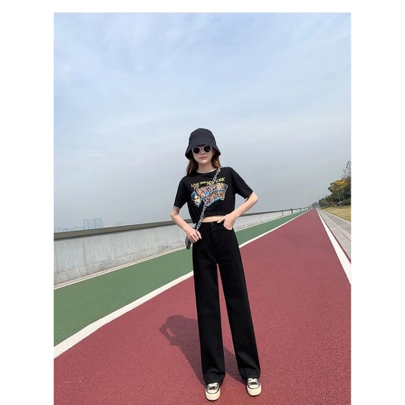 Quần bò ống rộng nữ đen cạp cao Pink Apricot Shop | BigBuy360 - bigbuy360.vn