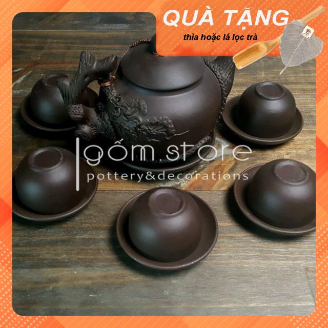 Ấm chén tử sa Bát Tràng đắp nổi cây tuyết tùng (bộ sản phẩm không bao gồm khay ấm trà)