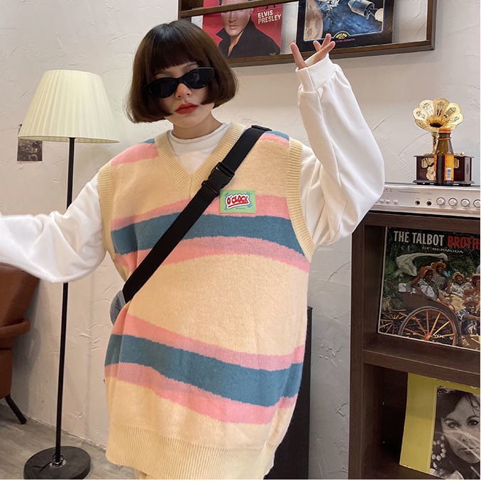 Thời Trang Áo Len Dệt Kim Không Tay Dáng Rộng Phối Màu Tương Phản Phong Cách Hàn Quốc