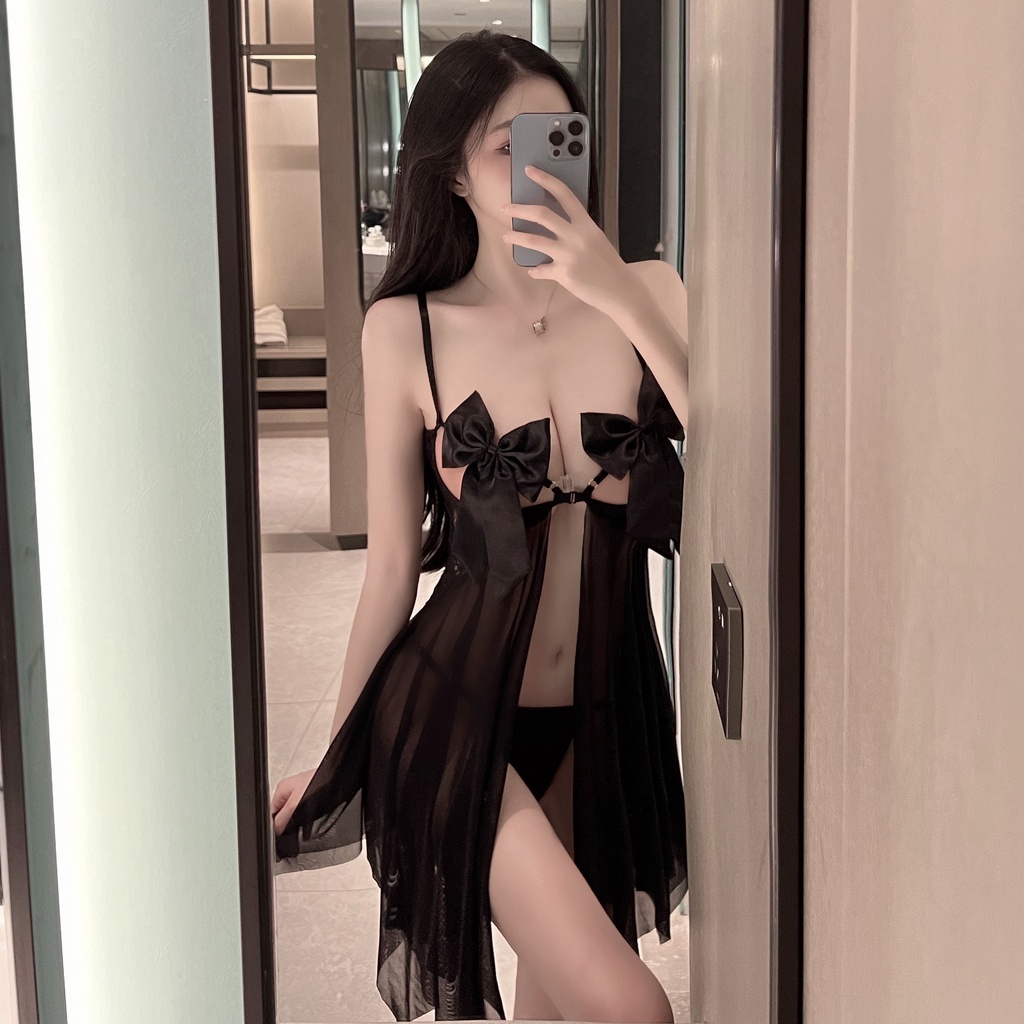 Váy ngủ đính nơ ngực cài trước siêu gợi cảm B014