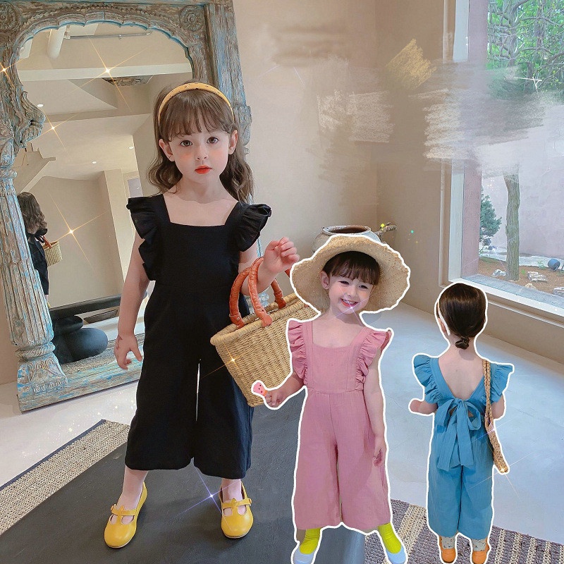 Bộ áo liền quần trẻ em, Jumpsuit chất đũi cho bé gái buộc nơ lưng cá tính