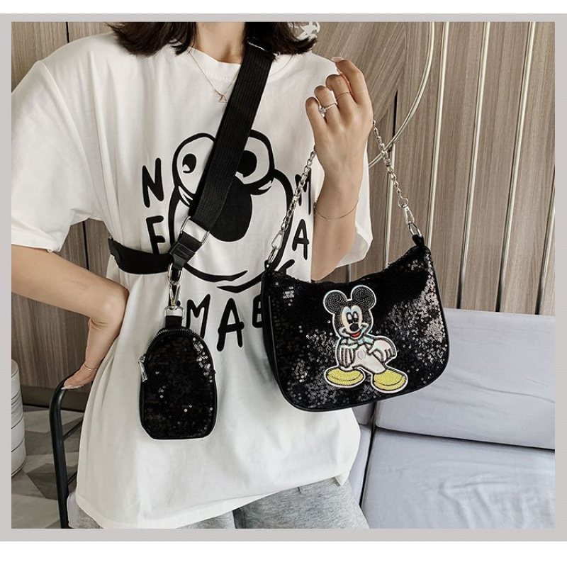 2 In 1 Mickey Mouse Mice Sequin Wallet Purse Women Beg Silang Crossbody Bag Perempuan