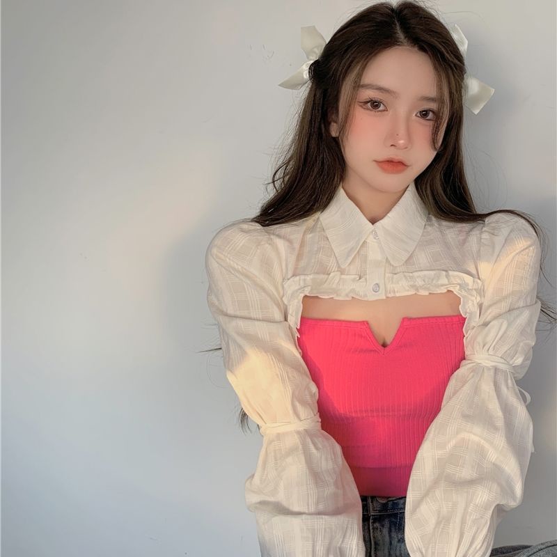 COZOK Set áo sơ mi ngắn tay + áo hai dây màu đỏ hồng xinh xắn