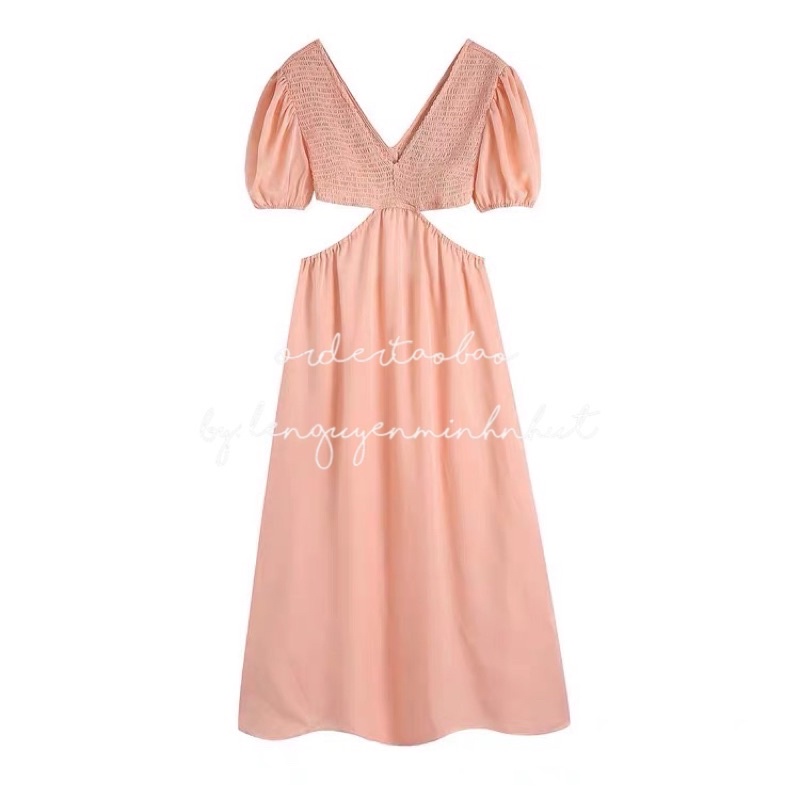 /order taobao/ Đầm Maxi Cổ V Khoét Eo Vải Lụa Nhũ