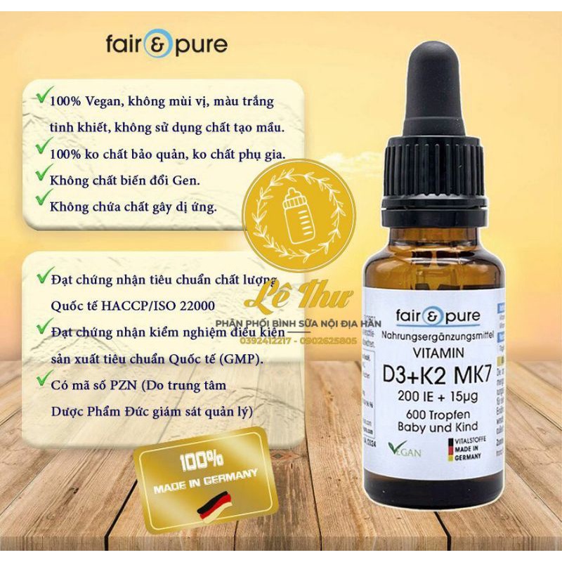 [Nội địa Đức] Vitamin D3+K2 MK7 hãng Fair&Pure