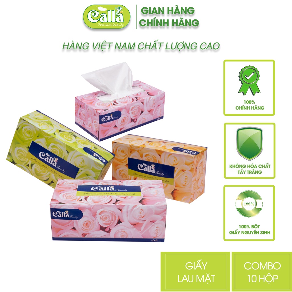 Combo 10 hộp khăn giấy lau mặt hoa hồng Calla Family 2 lớp x 180 tờ/hộp mềm mướt như nhung, nhập khẩu từ Mỹ