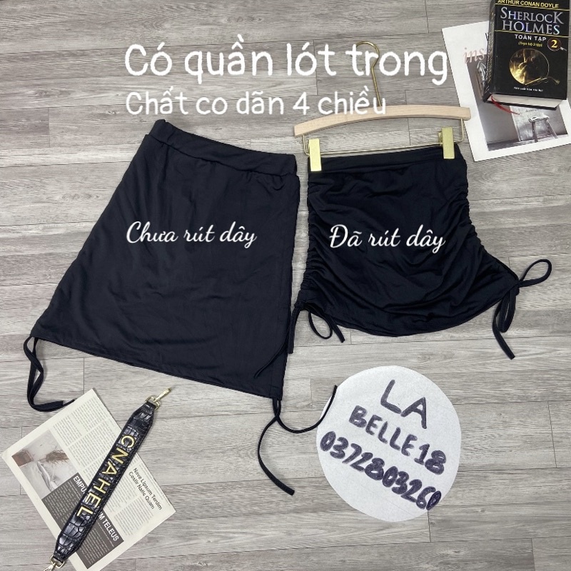 Chân váy dây rút hông chất dãn Váy dây rút 2 bên màu đen có quần lót trong