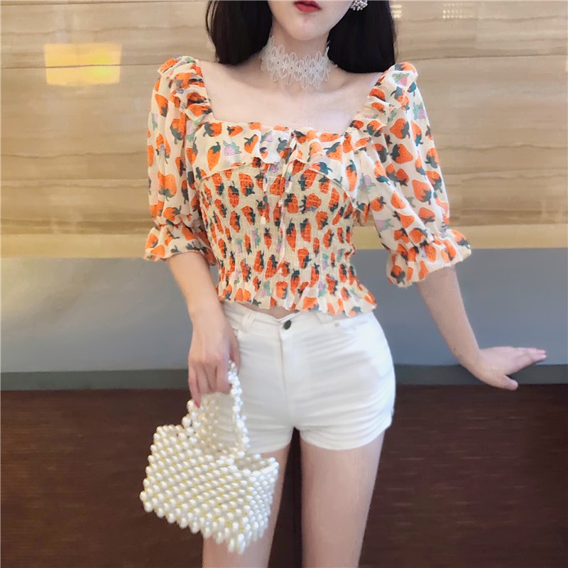 Áo Voan Trễ Vai Croptop Kiểu Dáng Hàn Họa Tiết Dâu Dễ Thương