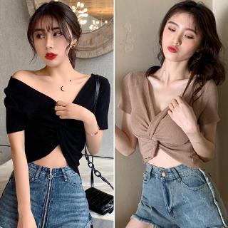 Áo Lửng Tay Ngắn Cổ Chữ V Thời Trang Quyến Rũ Cho Nữ