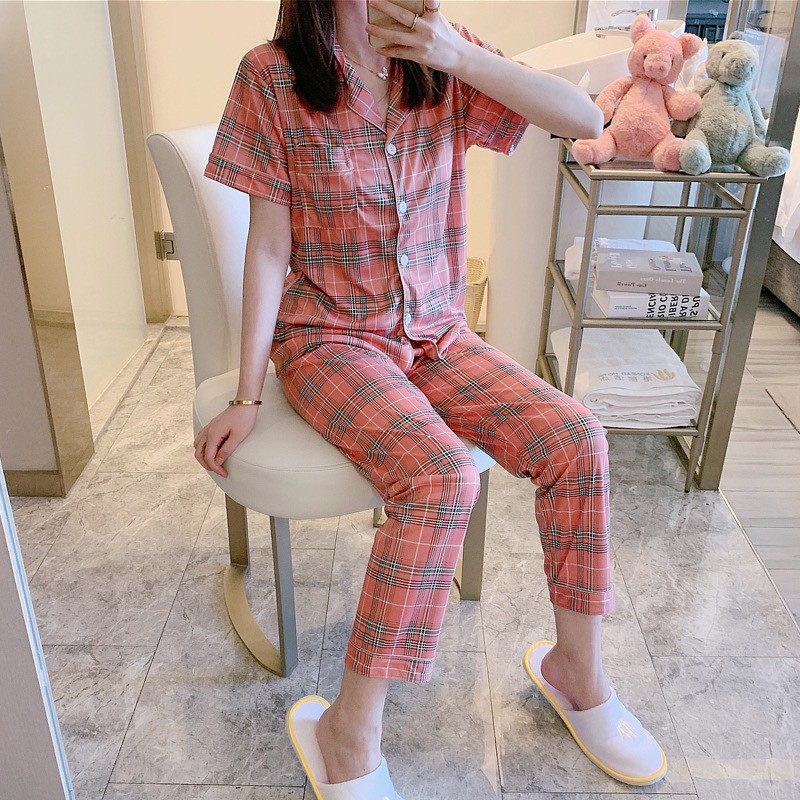 Bộ đồ ngủ nữ pijama họa tiết caro, Đồ bộ nữ cotton thun cộc tay mùa hè chất mát CICI