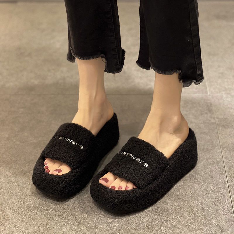 Dép Bông Đế Xuồng Siêu Cao Chống Trượt In Chữ Furry Dễ Thương Thời Trang Thu Đông Cho Nữ