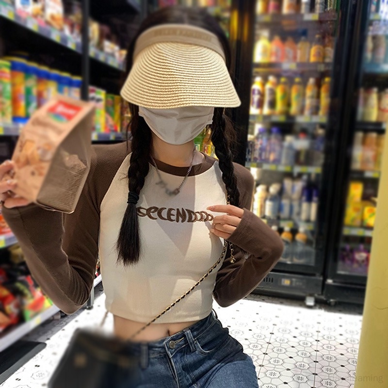 Áo Thun Crop Top Tay Dài Hở Vai Màu Sắc Tương Phản Phong Cách Hàn Quốc Dành Cho Nữ