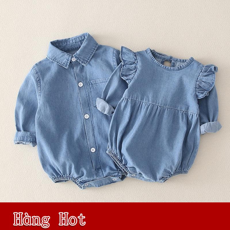 (Giảm Mạnh) Set jumpsuit tay dài chất liệu denim màu trơn cho bé 0-18 tháng tuổi