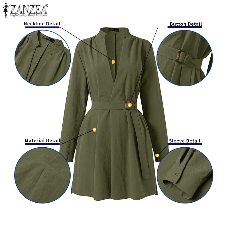Đầm mini Zanzea tay dài có thắt lưng cúc thời trang dành cho nữ