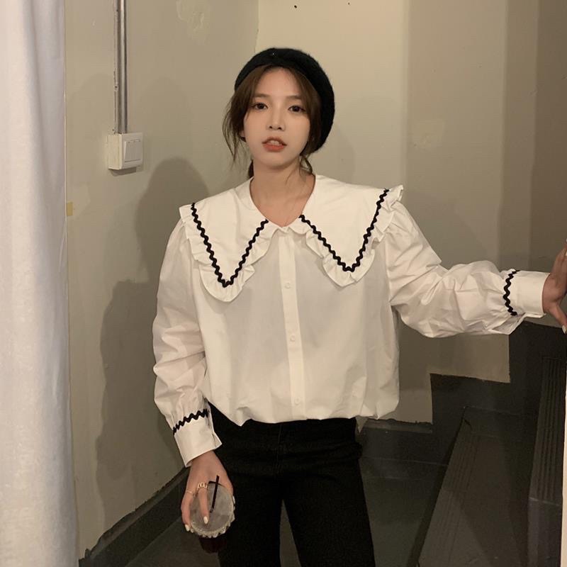 Áo sơmi nữ cổ bèo form rộng - Áo sơ mi nữ babydoll dáng rộng viền caro, trắng siêu xinh. MET SHOP 1989