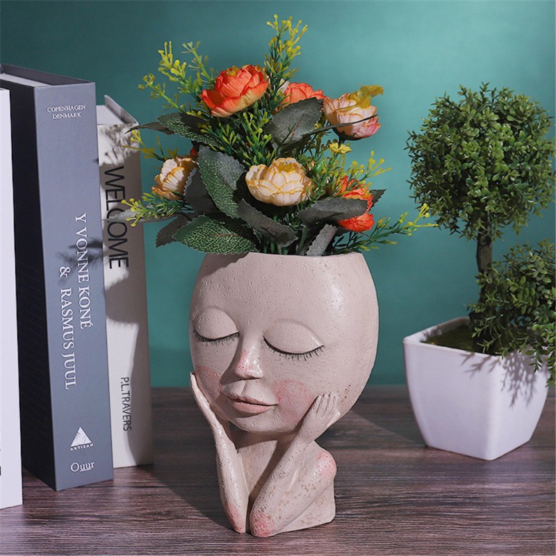 pur/ Face Vase Decoration Big Eyes Doll Resin Flowerpot Figure Sculpture Crafts Stora