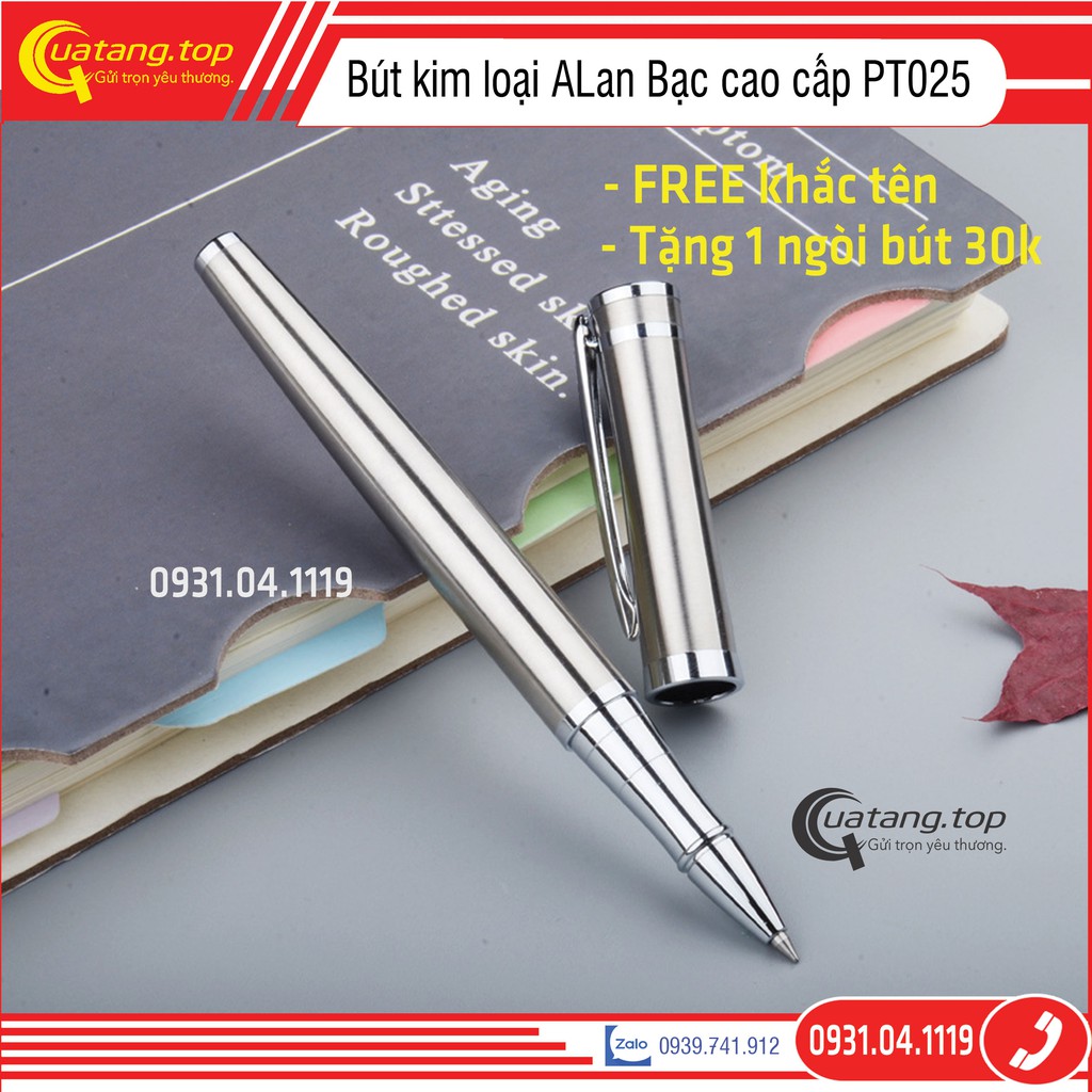 Bút ký tên cao cấp ALan nắp bật PT025 kim loại bạc, ngòi 0.5mm, mực gel màu xanh | Có dịch vụ khắc tên theo yêu cầu