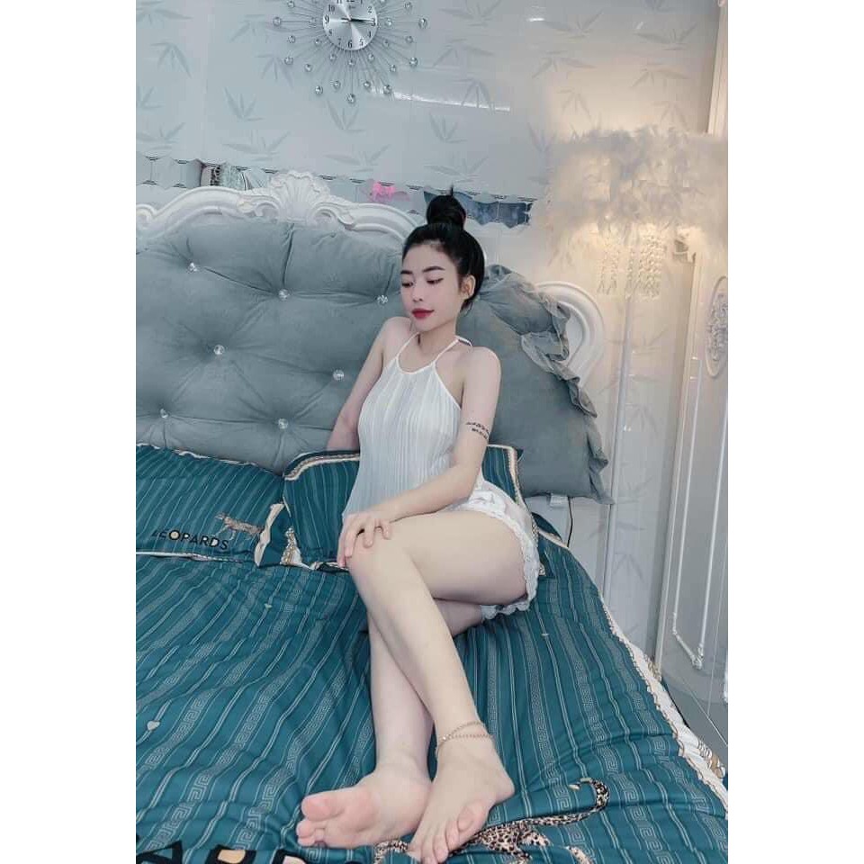Bộ đồ ngủ yếm sexy dập ly nữ < freeship> dưới 60kg mặc vừa, vải mát,satin, đồ bộ nữ mặc ở nhà thoáng mát | BigBuy360 - bigbuy360.vn