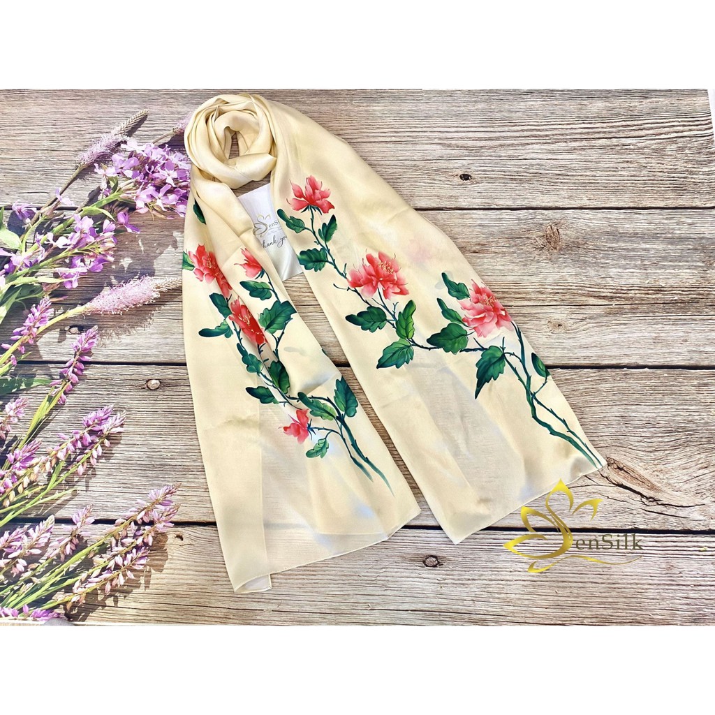 Khăn Lụa Thời Trang Vẽ Tay Hoa Mẫu Đơn SenSilk 180x55cm, Khăn Quấn Cổ Cao Cấp bằng Lụa, Silk Hand Painting Scarf