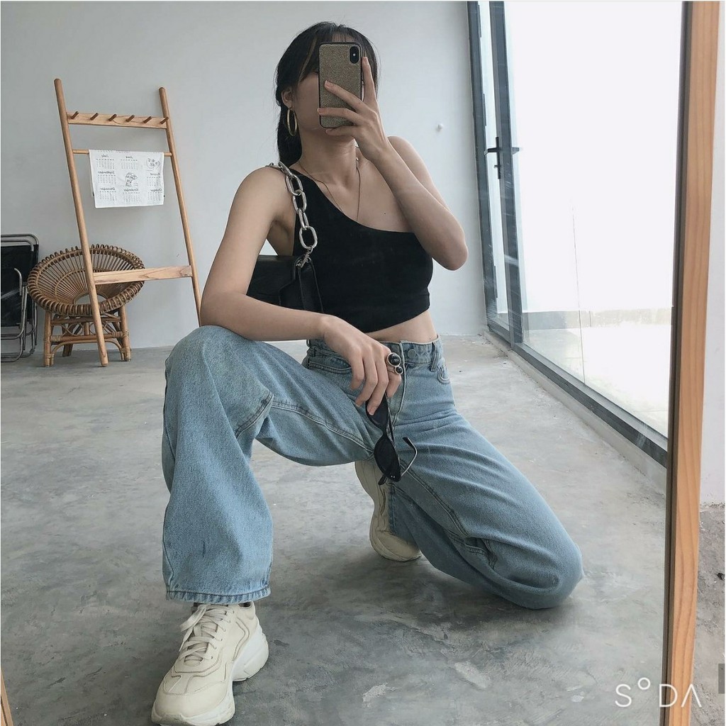 Quần Jeans Nữ Ống Rộng SIMPLE JEANS Xanh Nhạt Lưng Cao Dáng Suông Ulzzang