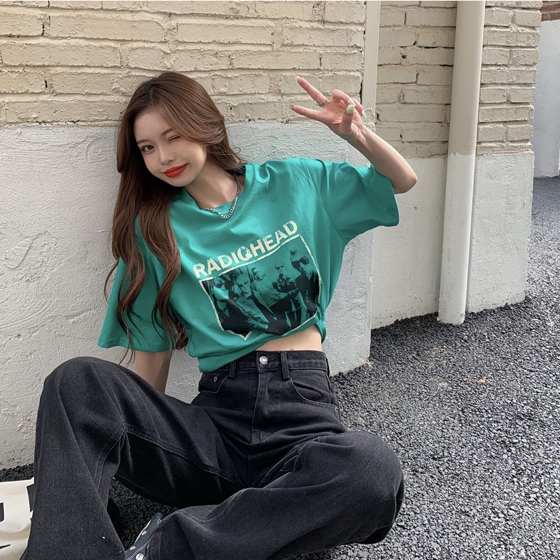 Áo thun tay ngắn cổ tròn form rộng in hình thời trang Mỹ retro