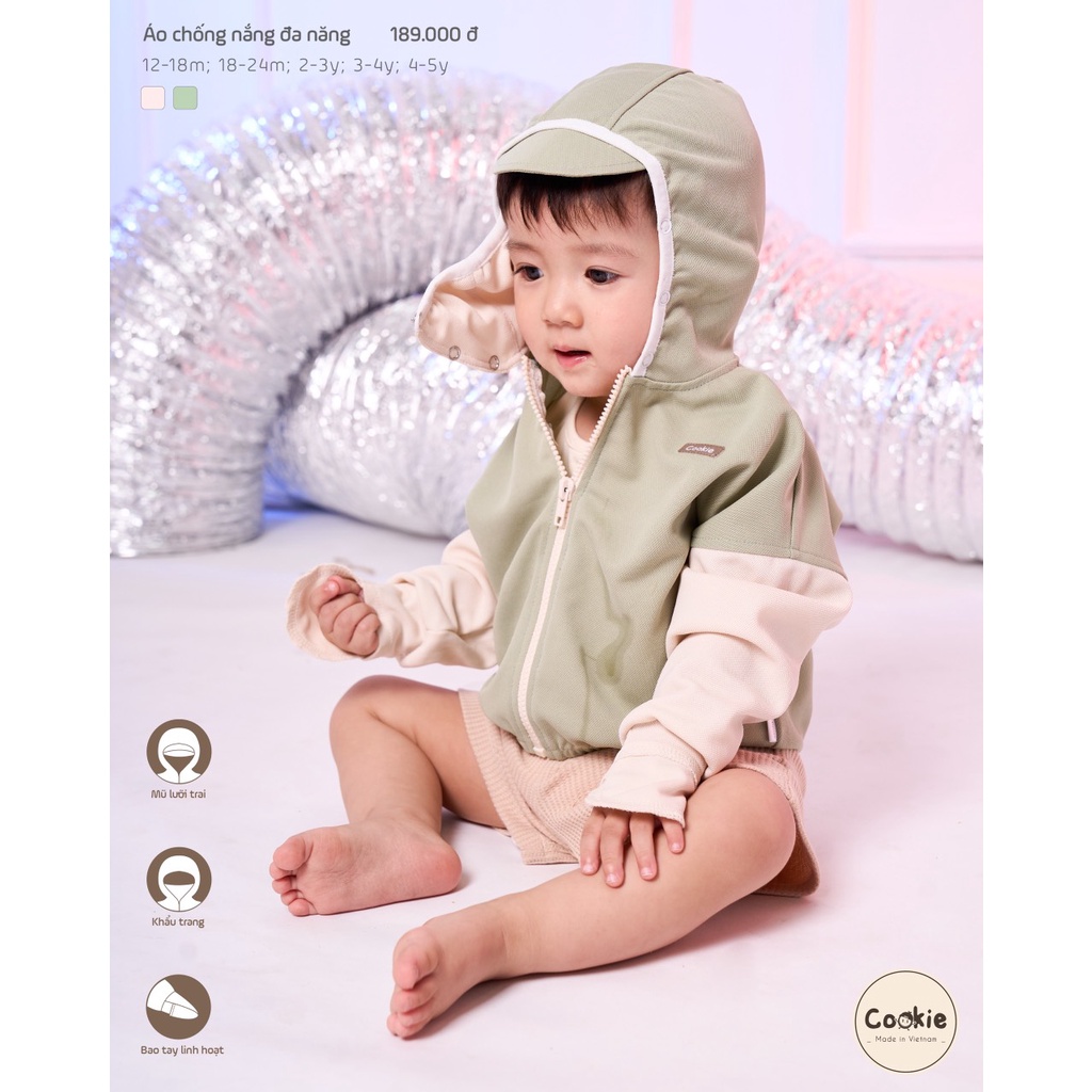 Áo chống nắng đa năng Cookie liền mũ lưỡi trai, khẩu trang, bao tay đóng mở, 100% cotton, size 12 tháng - 5 tuổi