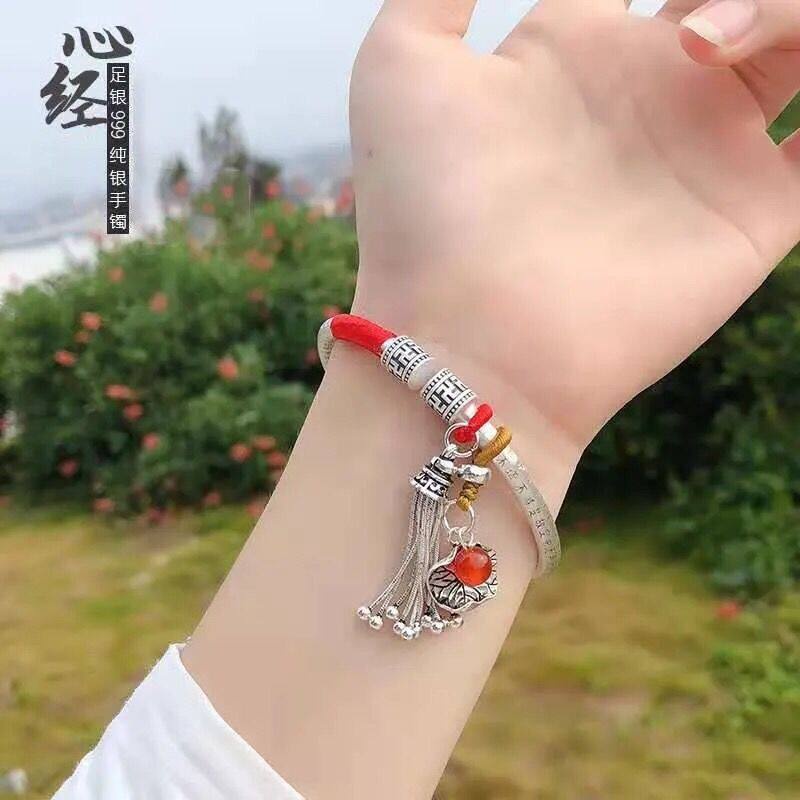 Vòng Tay Bạc 999 Kiểu Dây Tua Rua Mặt Hình Hoa Sen / Trái Tim Phong Cách Dân Tộc Xinh Xắn Cho Nữ