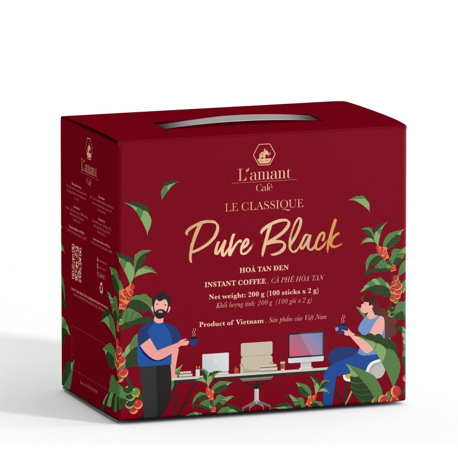 Cà phê hòa tan đen nguyên chất Pure Black (Hộp 100 gói x 2gr) - L'amant Café Pure Black instant coffee