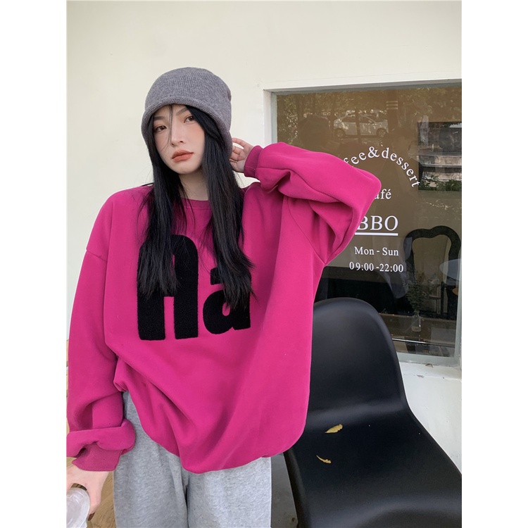 Áo nỉ thêu chữ phong cách đường phố Mỹ thời trang tay dài cổ tròn dáng rộng