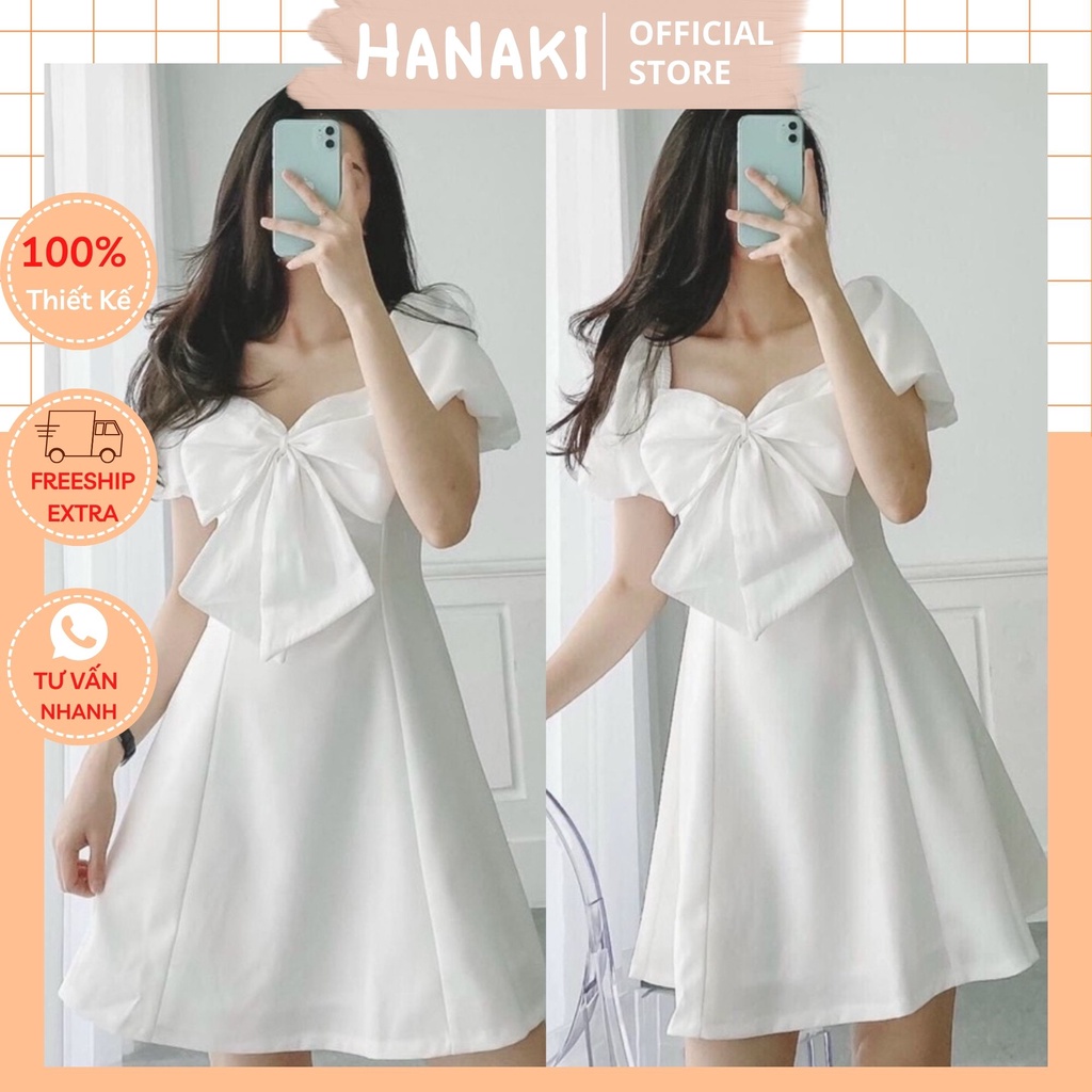 Váy Trắng Thiết Kế Nơ Ngực Tay Phồng Siêu Đẹp Hanaki HNK333